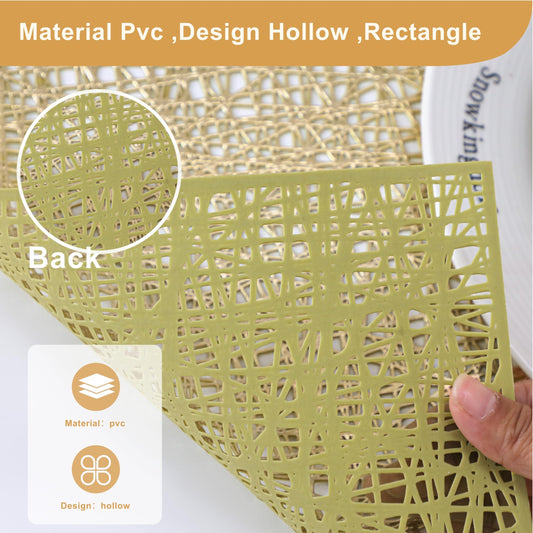 Snowkingdom Gold Placemats Set of 4, Golden Vinyl Rectangle Metallic Wipeable Place mats, Washable Easy Clean Non Slip Stain Resistant Hollow Kitchen Dining Table Mats for Wedding Party Decoration