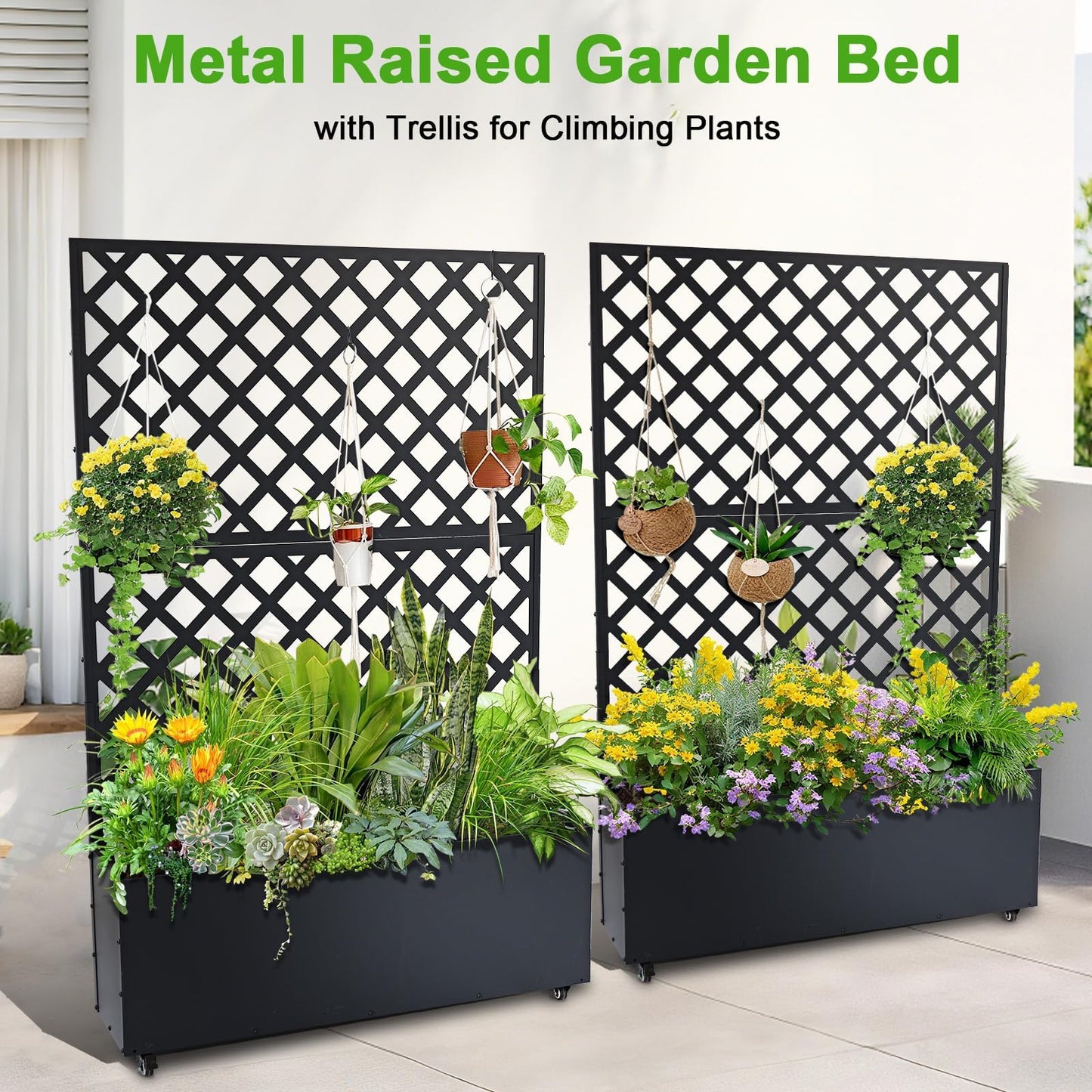 SierraSquad 70.9" x 46.5" x 11.8" Metal Raised Garden Bed with Trellis – Galvanized Planter Box with Drainage Holes & Privacy Screen for Patio, Balcony, Outdoor – Black
