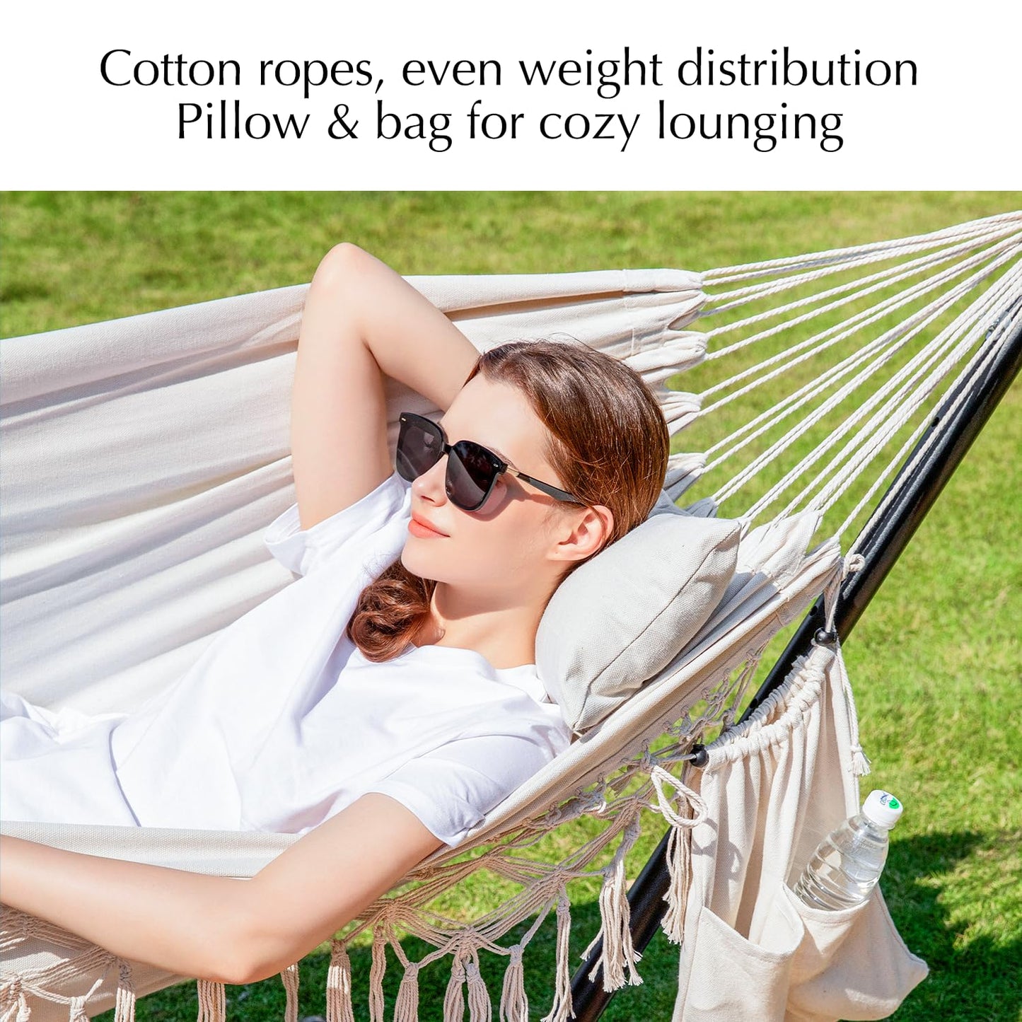 PNAEUT Handmade Tassel Hammocks, Double Hammock with Stand for Outside, Max 450 lbs Capacity, Pillow & Storage Bag Included (Beige)