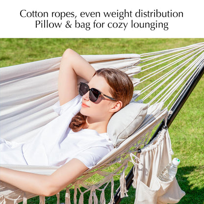 PNAEUT Handmade Tassel Hammocks, Double Hammock with Stand for Outside, Max 450 lbs Capacity, Pillow & Storage Bag Included (Beige)