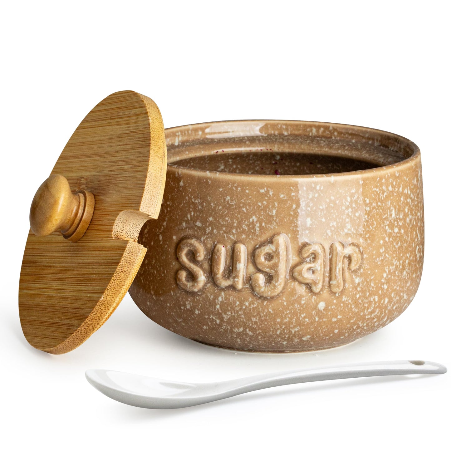 LYEOBOH Sugar Bowl with Lid and Spoon, Ceramic Sugar Holder for Coffee Bar Accessories, 17 OZ Cute Sugar Jar Container for Countertop, Azucarera for Farmhouse, Rustic Home and Kitchen, Speckled Khaki