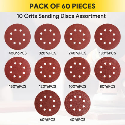 60Pcs Sanding Discs Pads, AUGOLA Hook and Loop 40 60 80 100 120 150 180 240 320 400 Mixed Grits 125mm Sandpaper Sheet for Random Orbital Sander, 8-Holes
