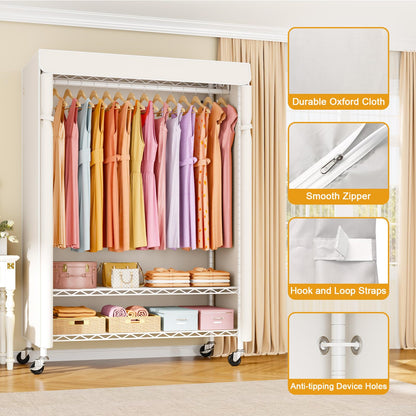 ULIFHOME P6C Plus Rolling Clothes Rack with Cover, Covered Clothing Rack Heavy Duty, Portable Closet for Hanging Clothes, Garment Rack on Wheels, White Closet Rack with White Cover, Max Load 375LBS