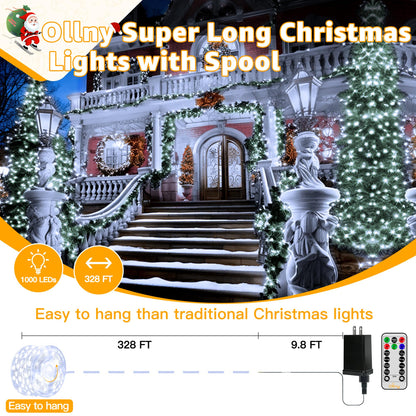 Ollny Christmas Lights Cool White, 600LED 197FT Christmas Tree Lights IP67 Waterproof, Plug in Fairy Lights with Remote 8 Modes Timer, Xmas Light for Outdoor Indoor House Holiday Decor
