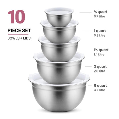 FineDine Mixing Bowls Set , 10 Piece Set ,(5 Bowls +5 Lids) Stainless Steel