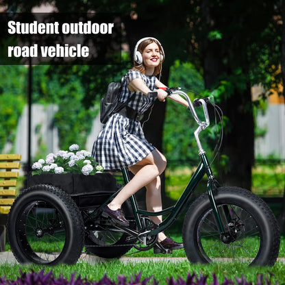 Smalibal [Fat Tires] 7-Speed Adult Tricycle 20 Inch - Stable 3 Wheel Bikes for Adults with Large Spacious Basket, Double Disc Brake, Picnic Shopping Tricycles for Seniors, Women, Men Black
