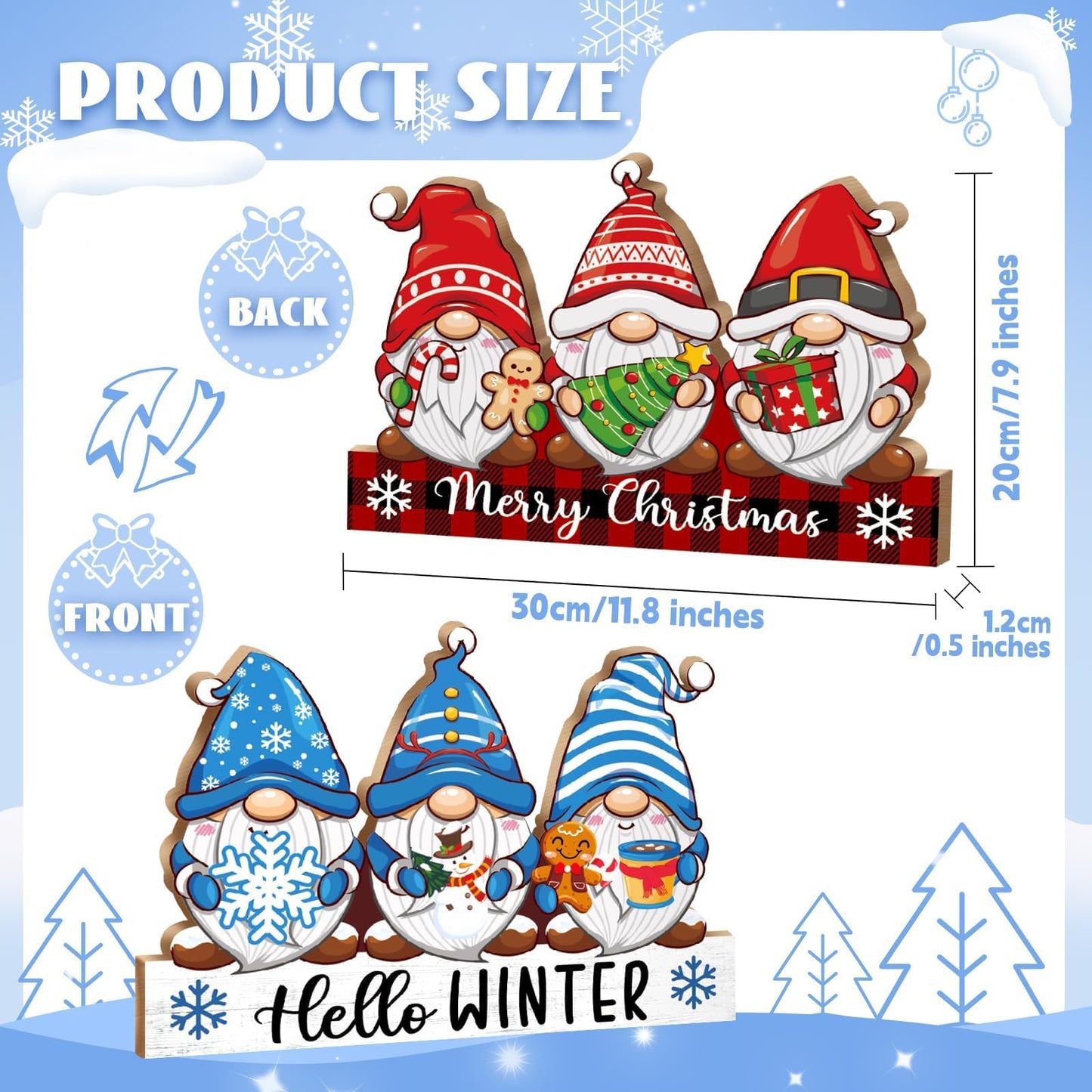 LawnIdyll Winter Christmas Gnome Decoration Reversible Double Side Wooden Tabletop Sign Hello Winter Merry Christmas Table Centerpieces for Holiday Mantle Tiered Tray Shelf Holiday Party Home Decor