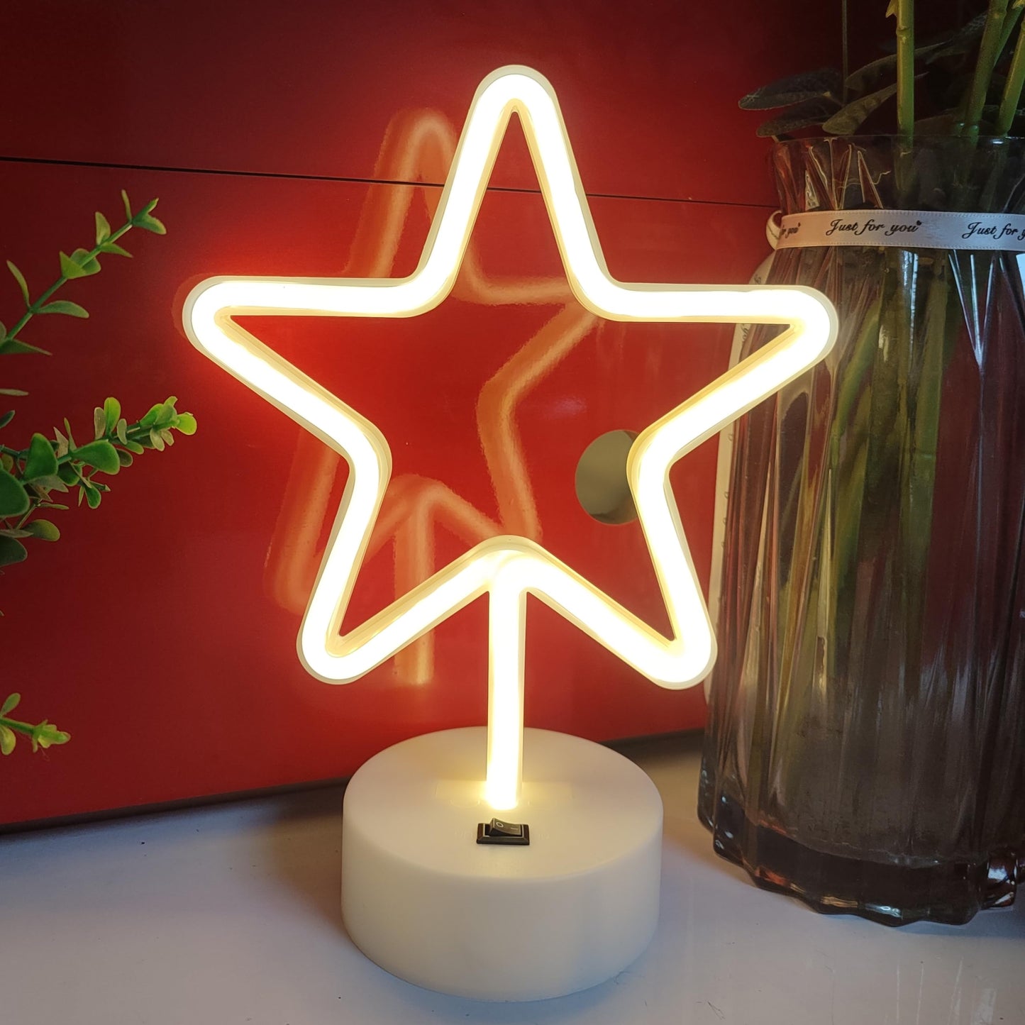 JYWJ Star Neon Signs with Holder Base,USB or 3-AA Battery Powered Neon Light,LED Desktop Wall Decoration,Various Parties,Decoration of Business Premises(Warm)