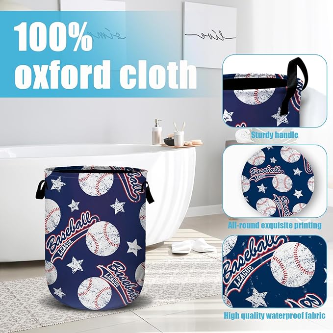 Baseballs and Stars Laundry Basket, Laundry Hamper Collapsible Oxford Cloth