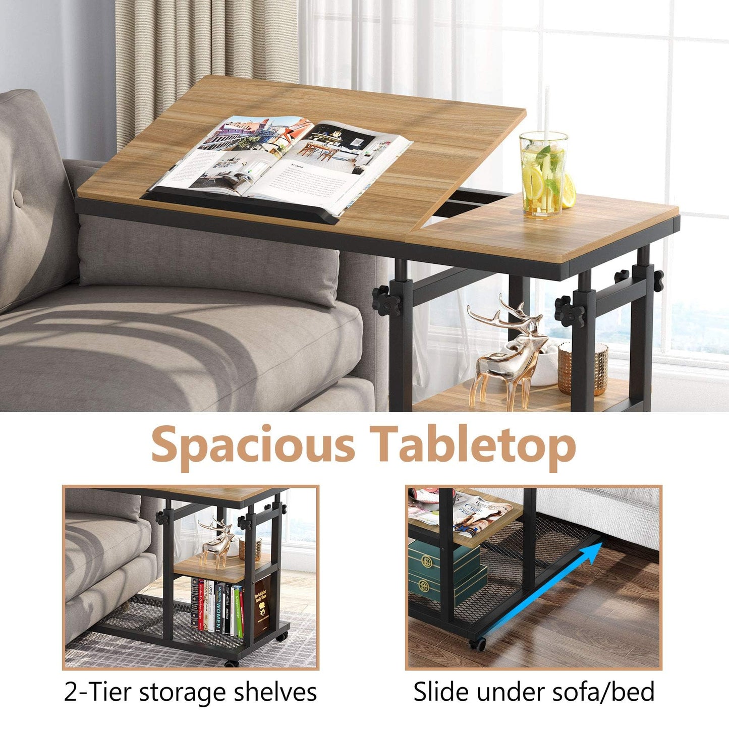 Tribesigns Height Adjustable C Table with Wheels, Mobile Couch Snack Side Table with Tiltable Drawing Board, Sofa Bedside Laptop Stand C Shaped TV Tray with Storage Shelves (Black+Oak)