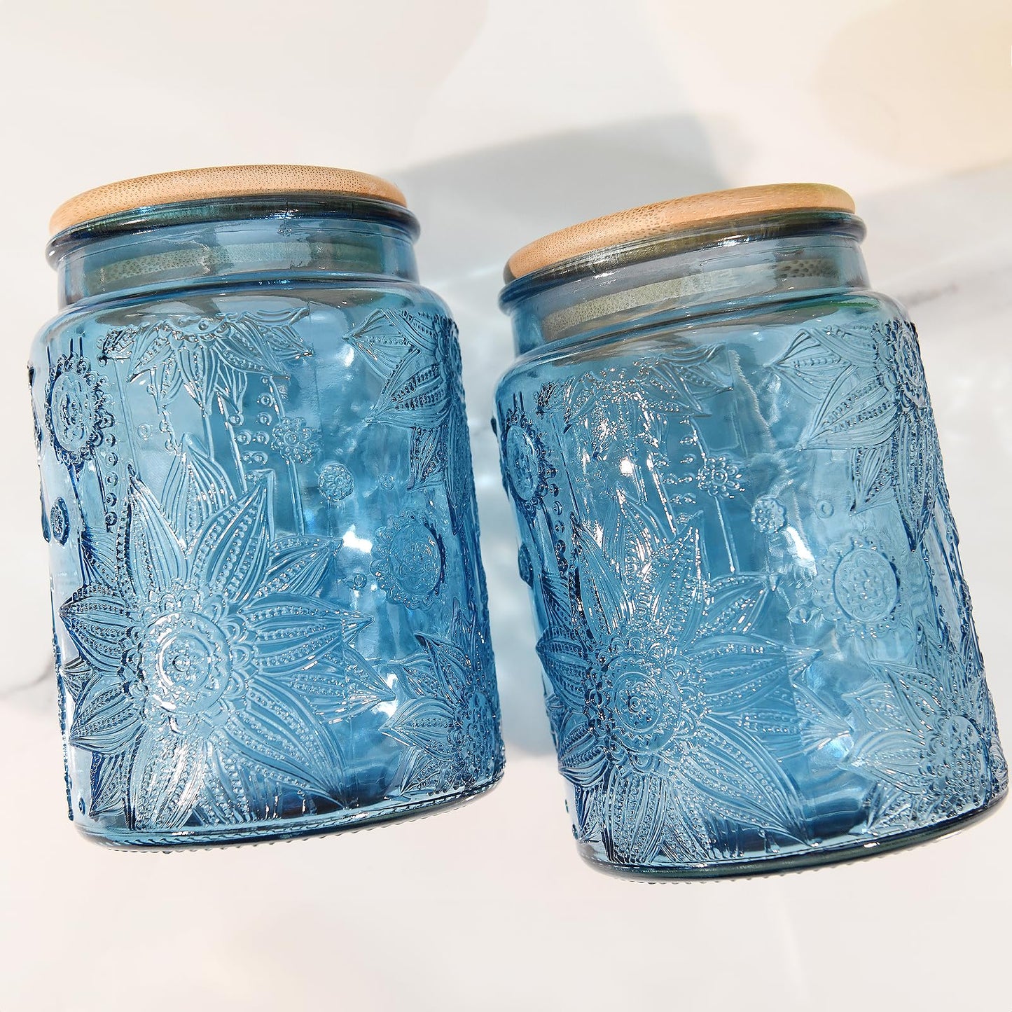 Custde Glass Storage Jars With Airtight Lid, 23.7oz Canister For Kitchen Counter with Bamboo Lid, brown sugar, candy, coffee, cookie, salt, tea,pantry cute Jar (Blue 2-Pack, 23.7 fl oz)