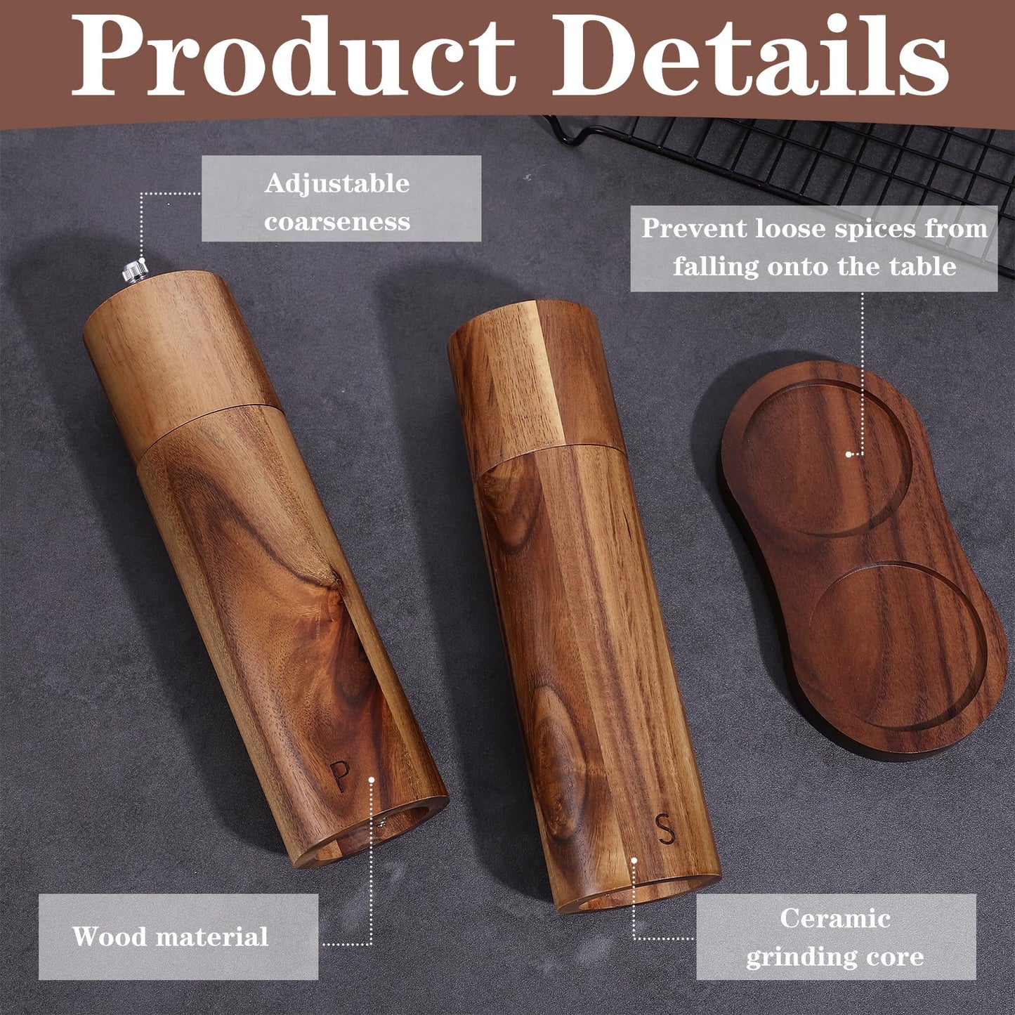 Wooden Salt and Pepper Grinder Set, 8 Inch Manual Mill with Tray, Adjustable Coarseness, Refillable Acacia Wood Grinders for Kitchen, Home, and Gift (Brown)