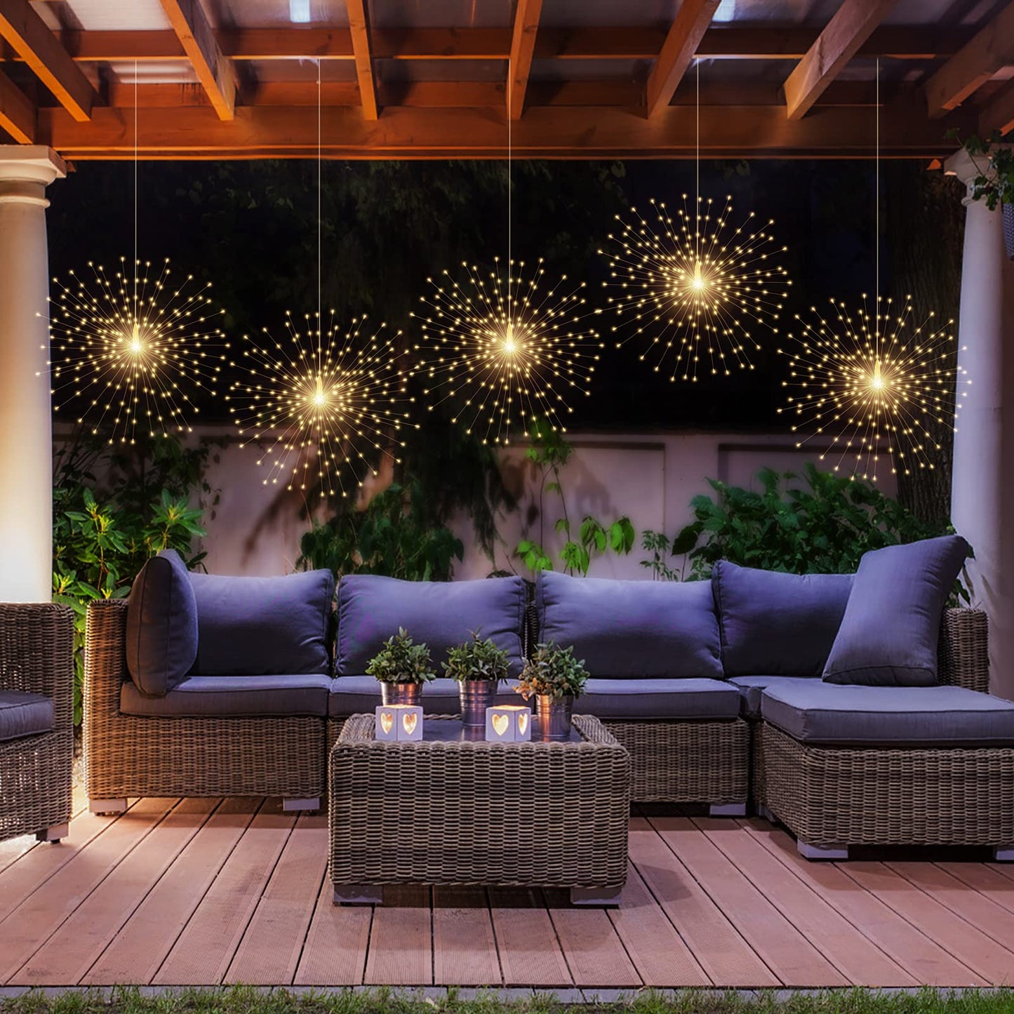 PXBNIUYA 2 Pack Starburst Sphere Lights,200 LLED Firework Lights, 8 Modes Dimmable Remote Control Waterproof Hanging Fairy Light, Copper Wire Light for Patio Parties Christmas (Battery Operated)