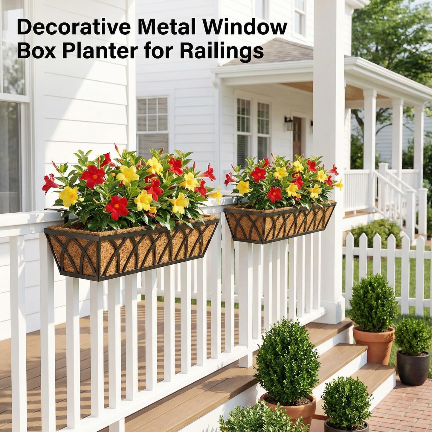 HFHOME 24 inch Railing Planter Box with Coco Liner, 24" Dia Window Box Trough with Coconut Coir Liners, Black Metal Hanging Flower Planter Basket for Indoor Outdoor Lawn - Set of 4