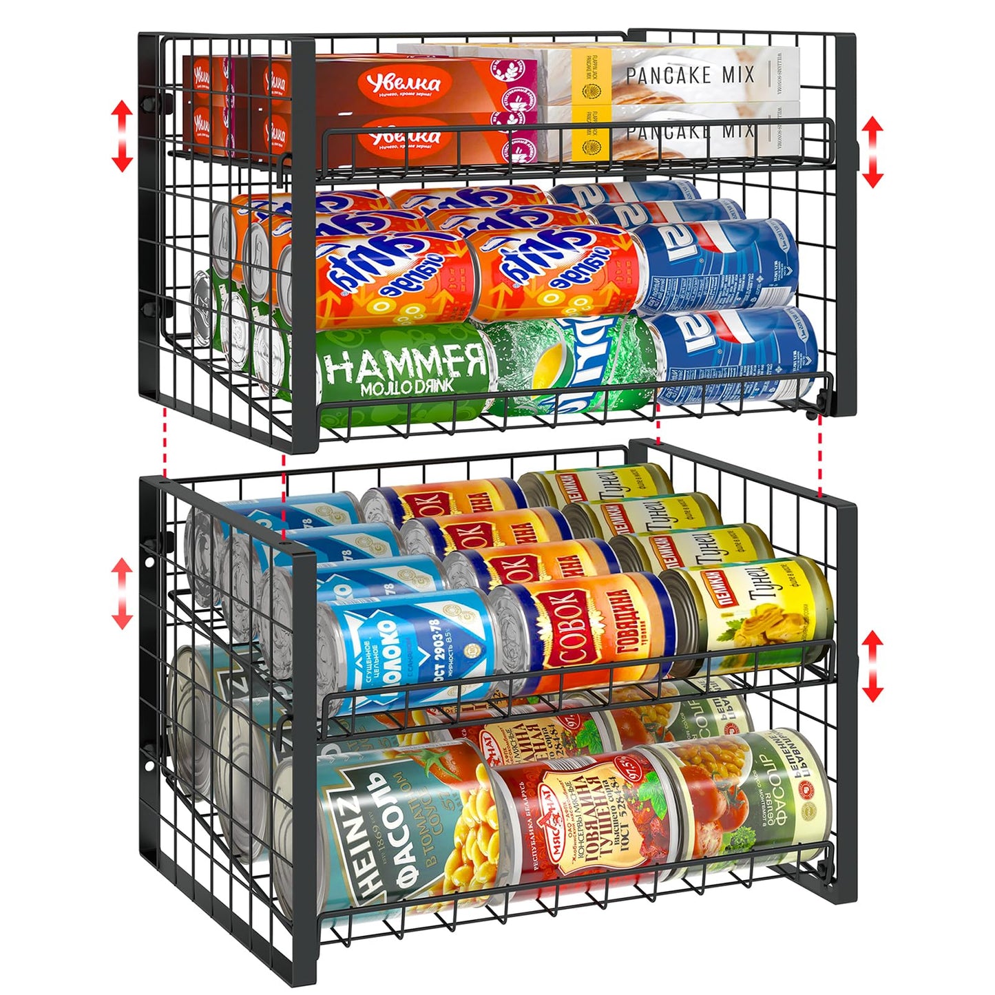 JKsmart 2-Tier Stackable Can Rack Organizer for Pantry, Adjustable Can Dispenser Holds Up to 62 Cans, Can Storage Holder for Various Ounces of Canned Food Soda Drinks, Black, 2 Pack (Petent Pending)
