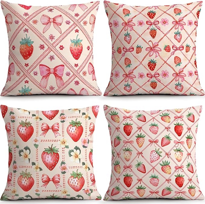 OBSEDE Pink Bow Strawberry Throw Pillow Covers 18 × 18 in, Couch Cushion Cases
