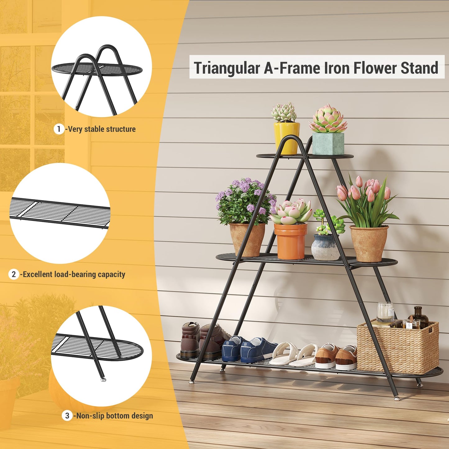 3-Tier Plant Stand Metal Plant Rack Shelf Heavy Duty Indoor Outdoor Shoe Shelf Rack for Multiple Flower Pots Multi-Purpose Storage Organizer for Living Room Patio Garden Entryway Balcony (Black)