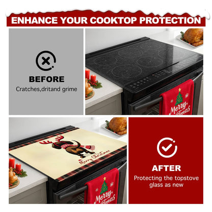HOMETITUTE Stove Top Covers for Electric Glass Stove 28x20 Inch Christmas Dog Reindeer Design Heat Resistant Cooktop Protector Counter Cover Dish Drying Mat for Kitchen RV Camper