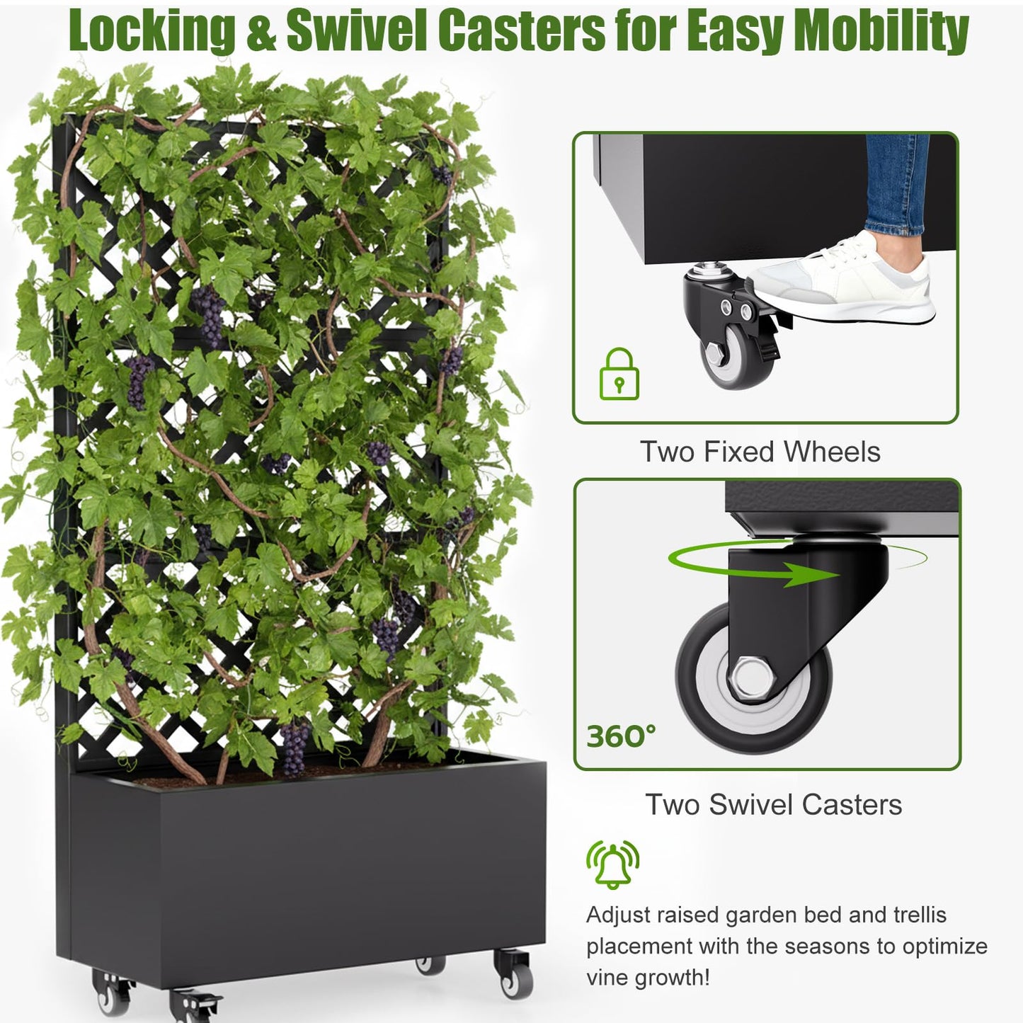 blusoke Metal Planter Box with Trellis and Wheels,Raised Garden Bed with Trellis,72" Tall Privacy Screen with Planter Box and Drainage Holes,Plant Trellis for Climbing Plants Outdoor,Vegetables,Vines