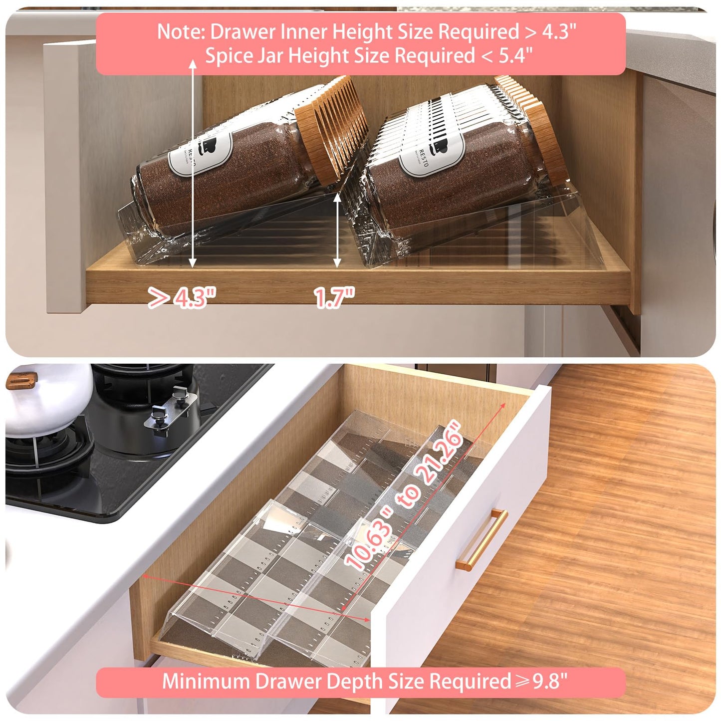 4-Tier Non-Slip Spice Drawer Organizer, 4-Pack Checkered Frosted Clear Acrylic, Expandable (11''-22'') Spice Rack for Kitchen Drawer Storage – Holds Seasonings, Herbs, and Spices (Jars Not Included)