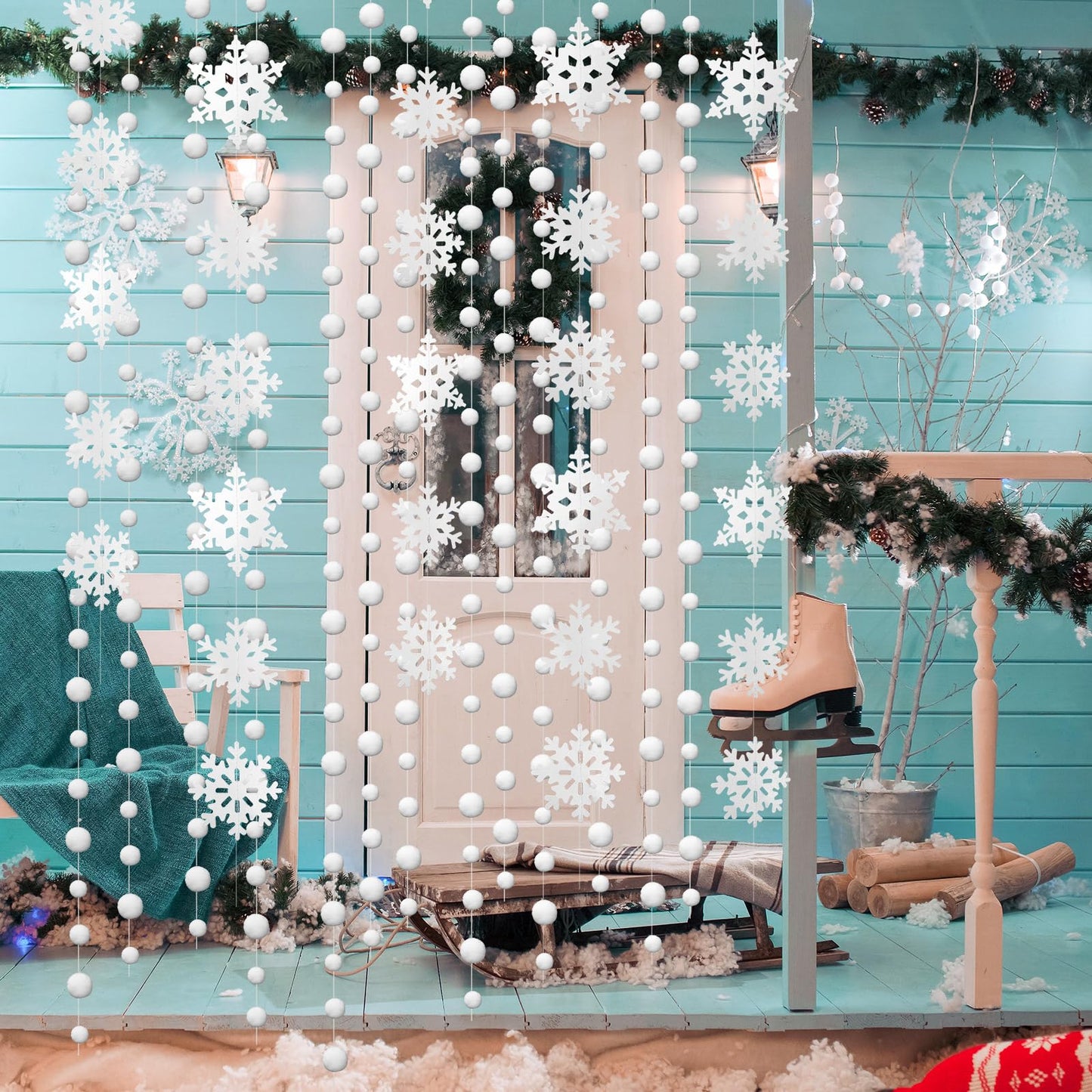 HunnmingRe 20 Pcs Snowflake Garland Winter Christmas Hanging Snowflake Decorations White Snowball Streamers Strings Xmas Wonderland Birthday Party Decorations