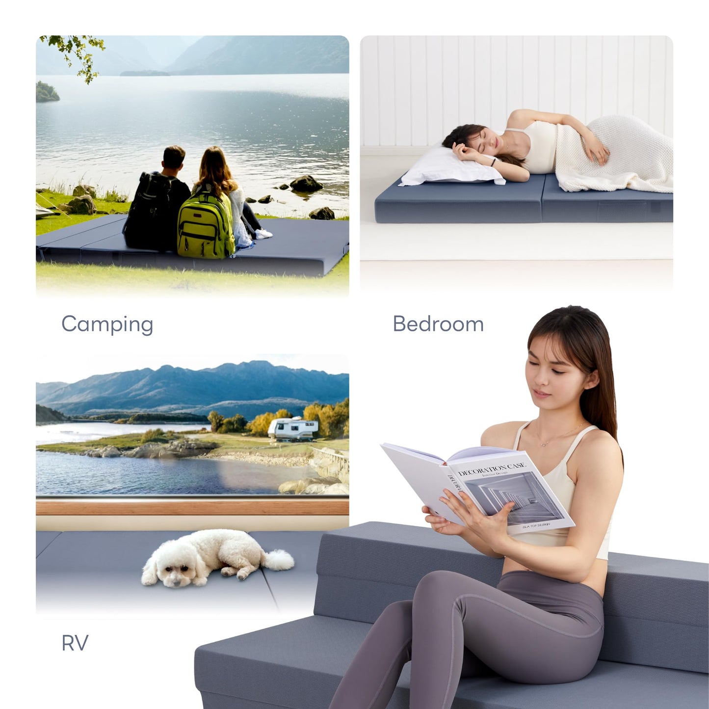 LIKIMIO Folding Mattress Queen, High Density Foam Mattress with Breathable and Washable Cover & Storage Bag, 4 Inch Foldable Mat Topper for Camping, RV and Yoga, Handle Design, Blue