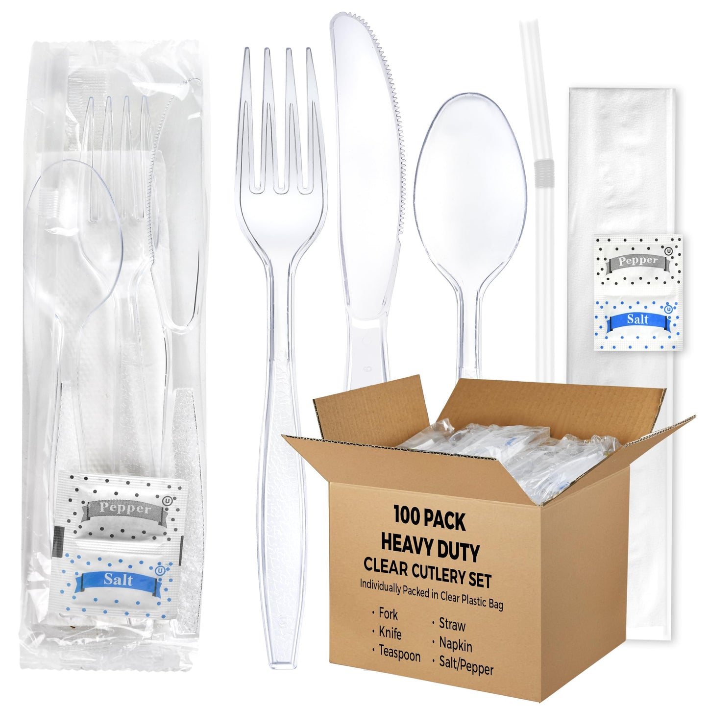 KitchenDine 100 pack | Clear Heavy Duty Plastic Disposable Cutlery Set | 6 in 1 Utensil Set with Fork, Spoon, Knife, Napkin, Straw, Salt/Pepper Packets