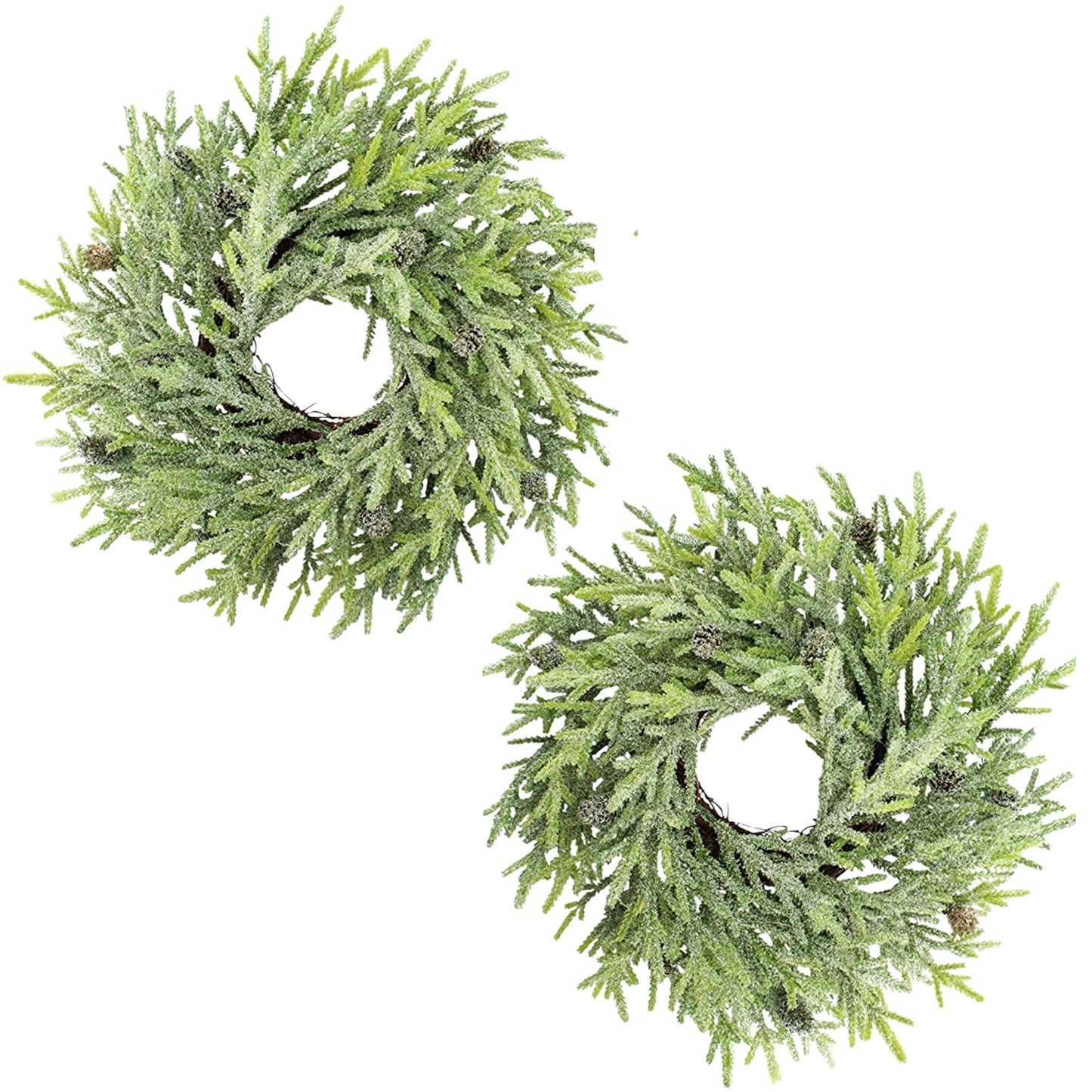 AuldHome Design Artificial Christmas Wreaths (2-Pack, 14-Inch); Evergreen Flocked Greenery w/Pinecones for Doors, Stairways and Windows, Indoor/Outdoor
