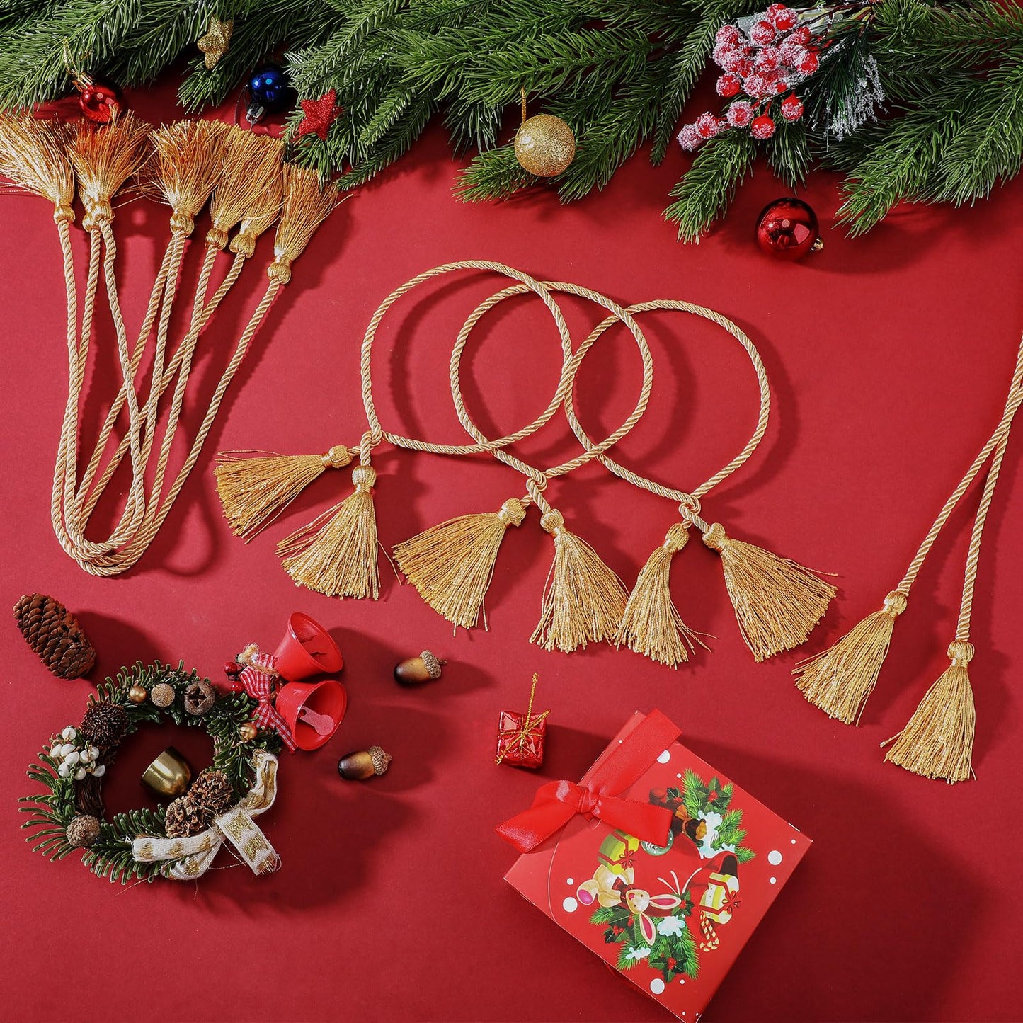 Zhengmy 15 Pcs 24 Inch Christmas Garland Ties with Tassels Decorative Twist Tie for Banister Reusable Flexible Twist Tie for Garland Fireplace Staircase Banister Home Xmas Holiday Decorations (Gold)