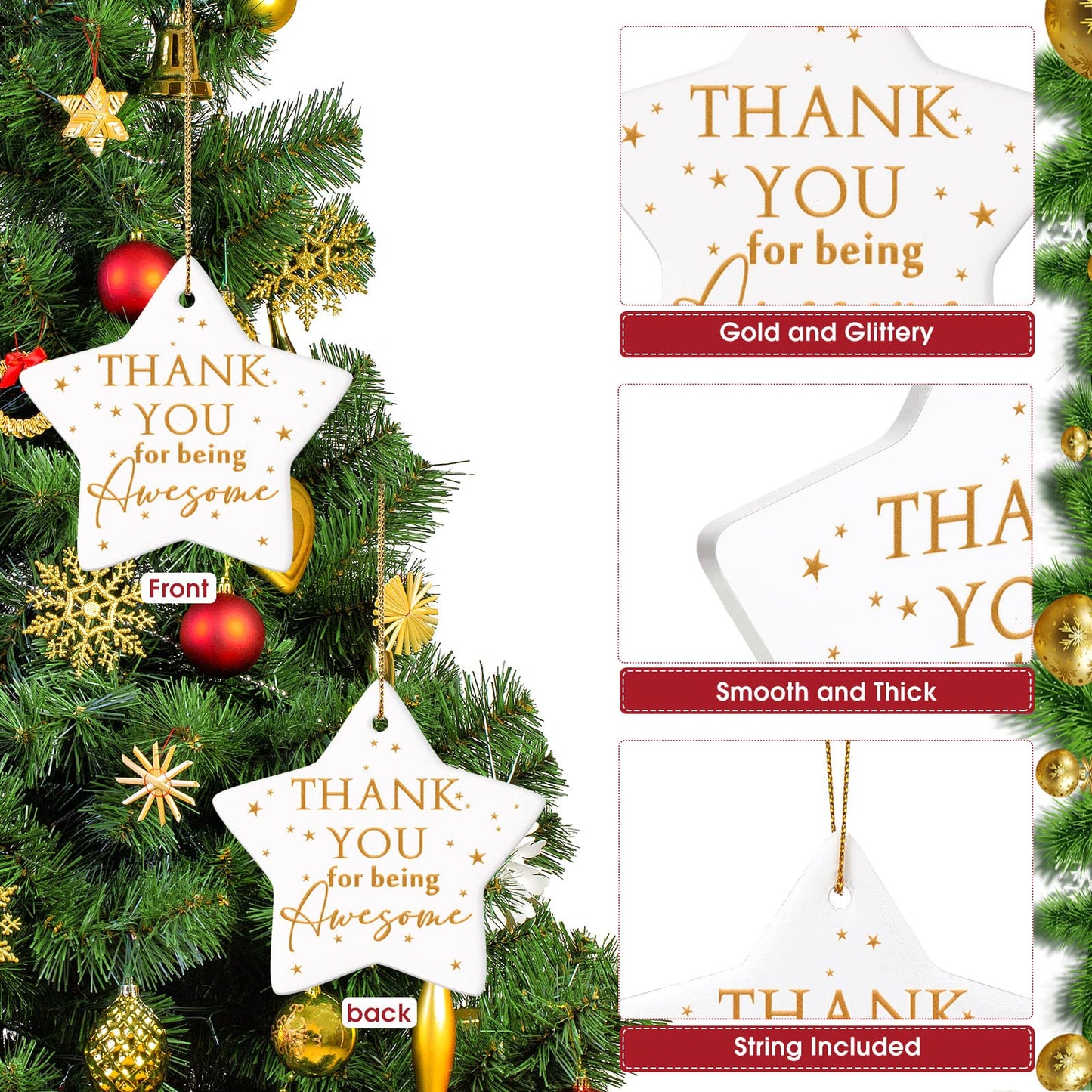 Sieral 10 Pcs Thank You Ornaments Bulk Christmas Office Gifts for Coworker Employee Star Ceramic Double Sided Thank You for Being Awesome Xmas Decor Inspirational Gift Teacher Nurse Team Customers