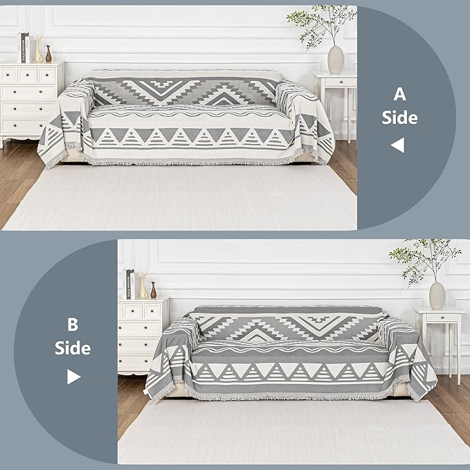 MYSKY HOME Boho Couch Cover for Dogs Washable Grey Rhombic Couch Sofa Protector