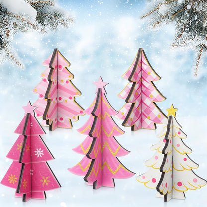 Bucherry 5 Pcs Pink Wooden Christmas Trees Tabletop Decorations Rustic 3D Christmas Trees Xmas Centerpieces Farmhouse Table Wooden Signs for Xmas Winter Farmhouse Home Tiered Tray Decor