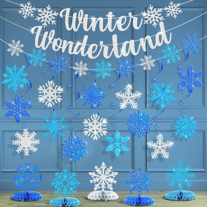 Ouddy Life 36 Pcs Winter Wonderland Christmas Decorations, Hanging Snowflake Swirls Ceiling Streamers, Glitter Paper Spiral Snowflakes Ornaments Banners Honeycomb for Xmas Frozen Party Birthday Decor