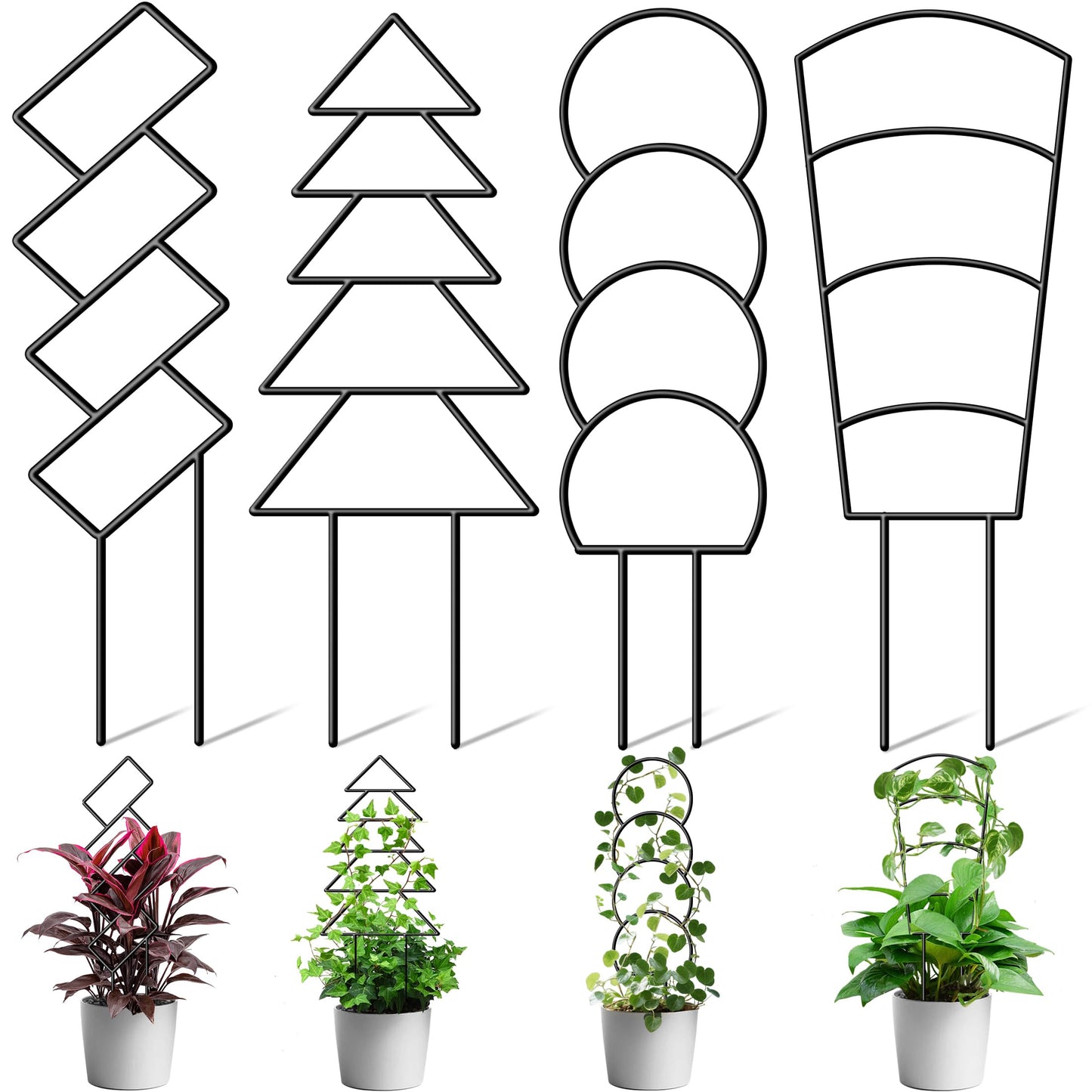 Plant Trellis for Potted Plants Indoor, Metal Garden Trellis for Climbing Plants with Different Patterns, Small Houseplant Support Stakes for Vine Ivy Hoya Pothos Flower Outdoor, 16 Inch 4 Pack