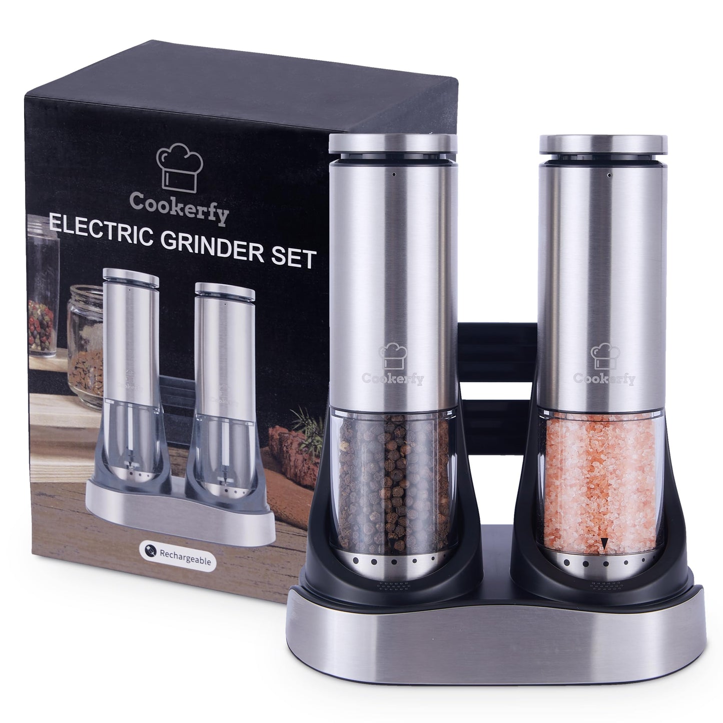Electric Salt and Pepper Grinder Set Rechargeable Base, Stainless Steel Automatic Electric Salt and Pepper Shakers Set, Led Light, 95ml Capacity Refillable, 6 Coarseness Levels. Kitchen Accessories
