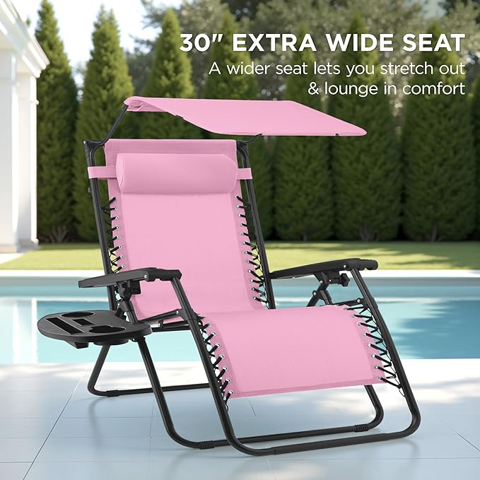 Best Choice Products 30” Wide Folding Zero Gravity Outdoor Recliner Patio Lounge Chair w/Adjustable Canopy Shade, Headrest, Side Accessory Tray - Carnation