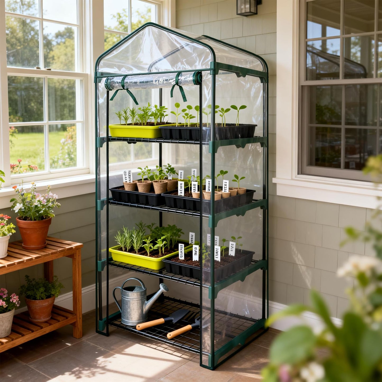 Worth Garden 4 Tier Mini Greenhouse - 63'' H x 27'' L x 19'' W - Sturdy Portable Gardening Shelves with PVC Cover - Small Green House Use in Indoor & Outdoor for Plants Flowers