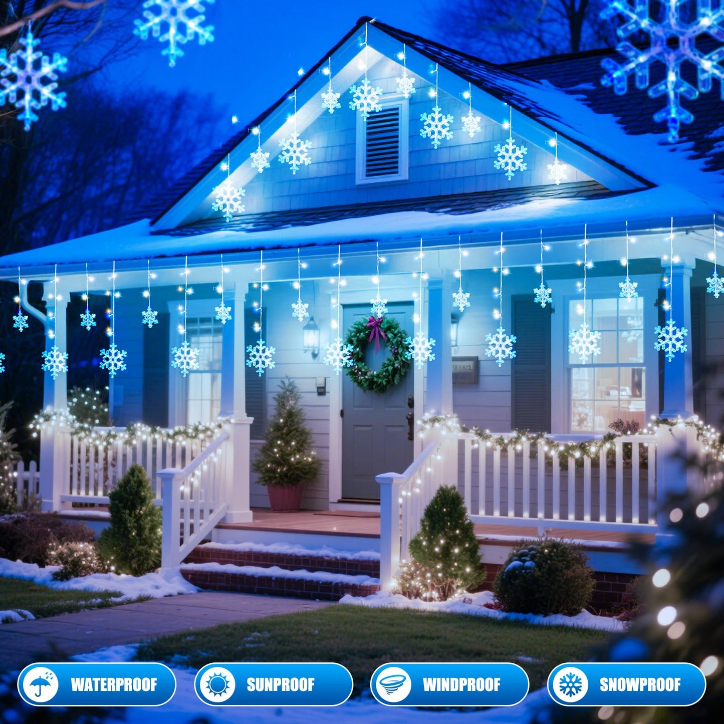 Minetom Christmas Snowflake Lights - 13ft 192LED Snowflake Icicle Lights with 16 Drops, 12 Modes and Timer, IP65 Waterproof Connectable Christmas Light for House Eave Window Indoor Outdoor Decoration