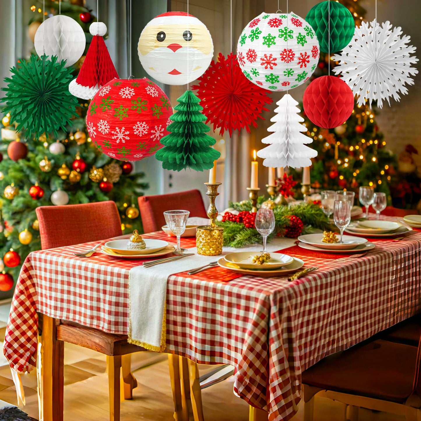 Christmas Honeycomb Paper Lantern Decoration Set, Hanging X-mas Party Supplies Including Christmas Hat, Trees Honeycomb Balls Lanterns, Paper Fans for Holiday XMAS Party Decor