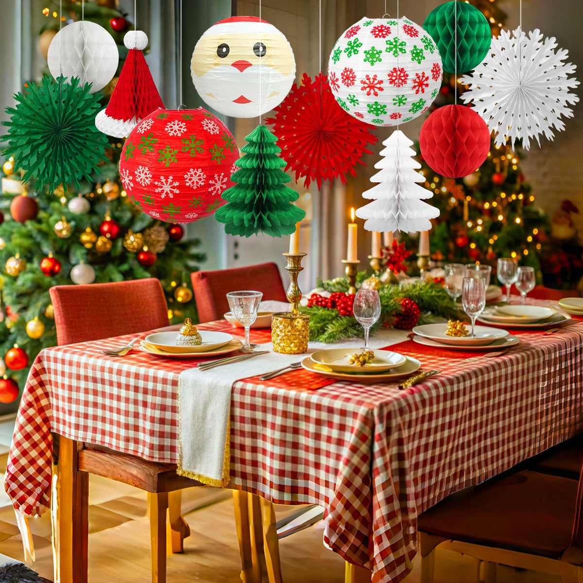 Christmas Honeycomb Paper Lantern Decoration Set, Hanging X-mas Party Supplies Including Christmas Hat, Trees Honeycomb Balls Lanterns, Paper Fans for Holiday XMAS Party Decor