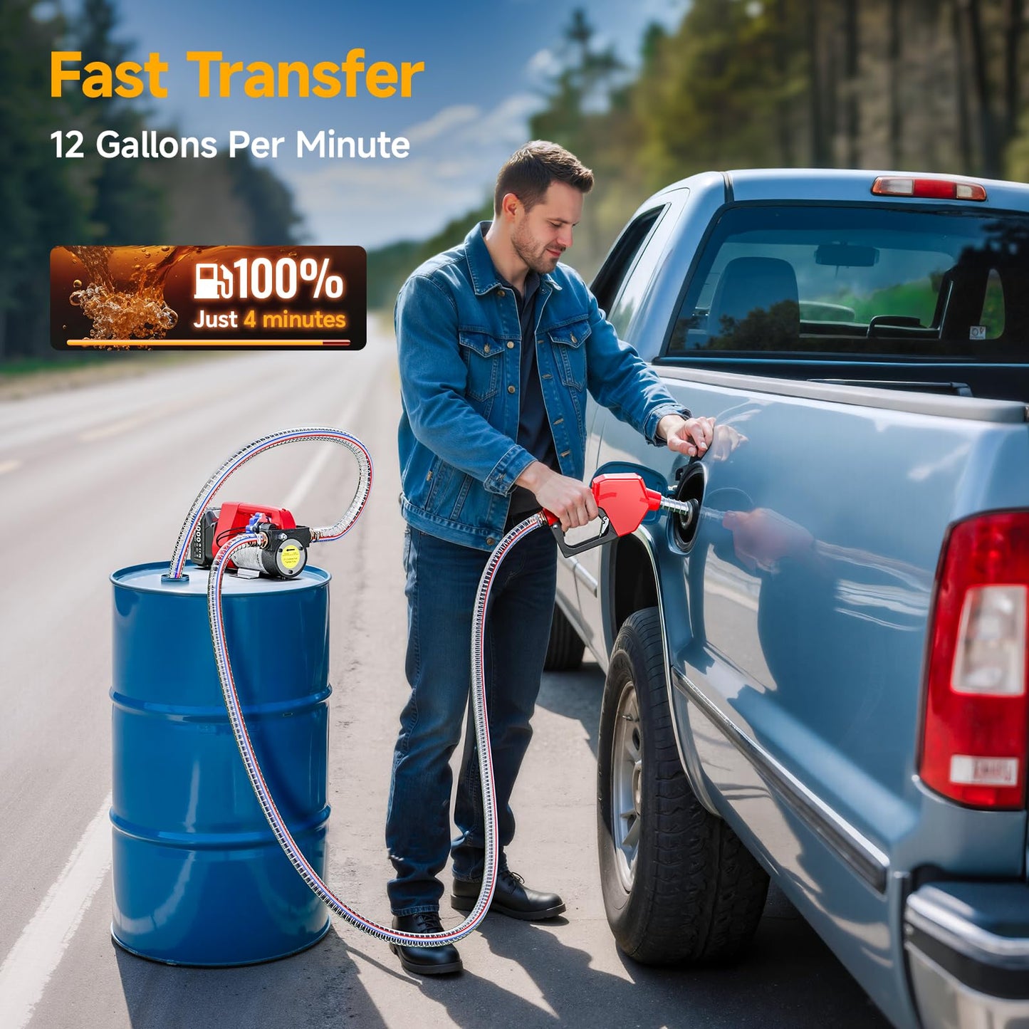 TaskStar Fuel Transfer Pump Battery Powered, 12GPM Electric Pump Kit with 18V 4.0Ah Battery & Charger, Portable Cordless Pump with Auto-off Nozzle & 2x 6.6FT Hoses for Diesel Kerosene Transfer