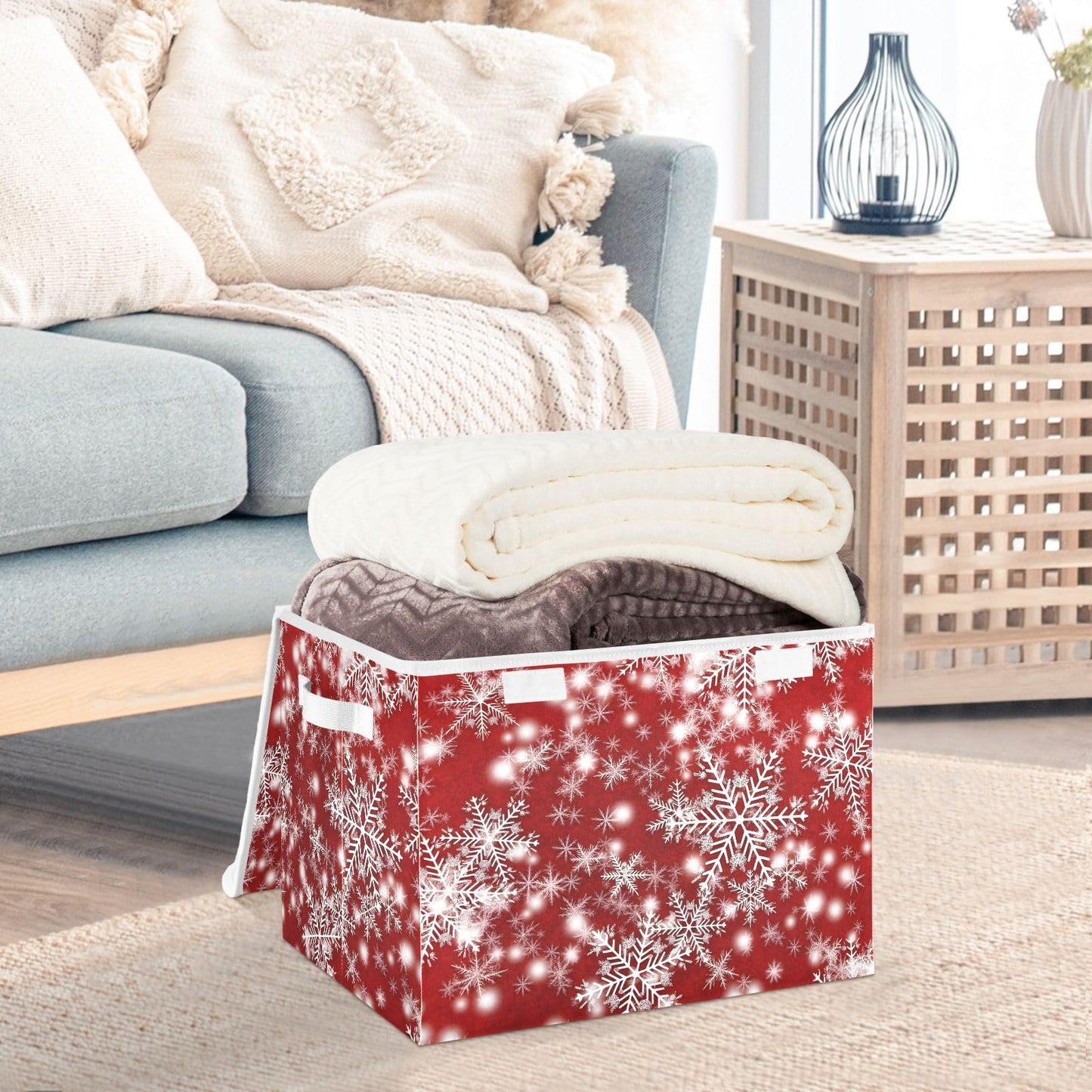 senya Christmas Baskets Collapsible Storage Bins with Lids, Christmas Background with Snowflakes Red Storage Boxes Clothes Baskets for Organizing