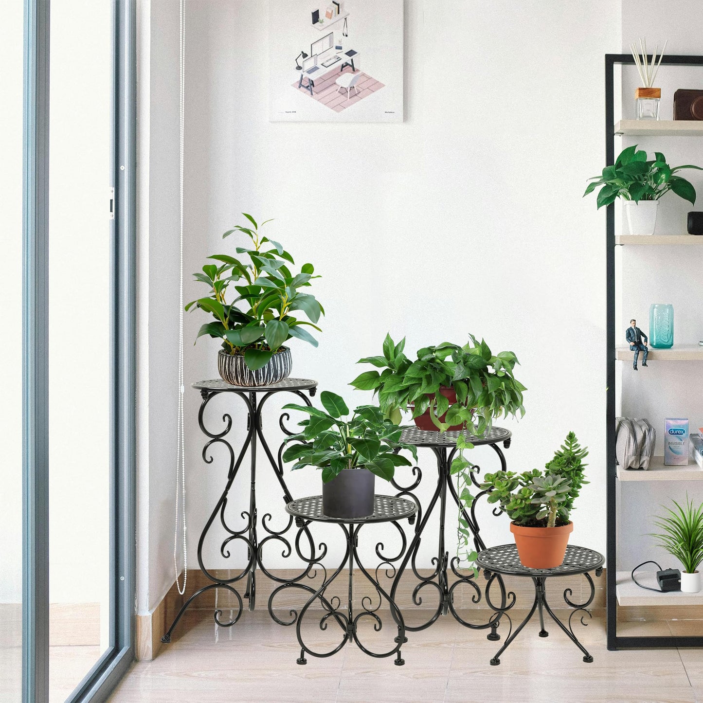 NAKUPE 4-Pack Metal Plant Stand for Indoor Outdoor, Heavy Duty Flower Pot Stands for Multiple Plants, Rustproof Iron Planter Holder Display Shelf for Patio Home Garden Porch Balcony(Black)