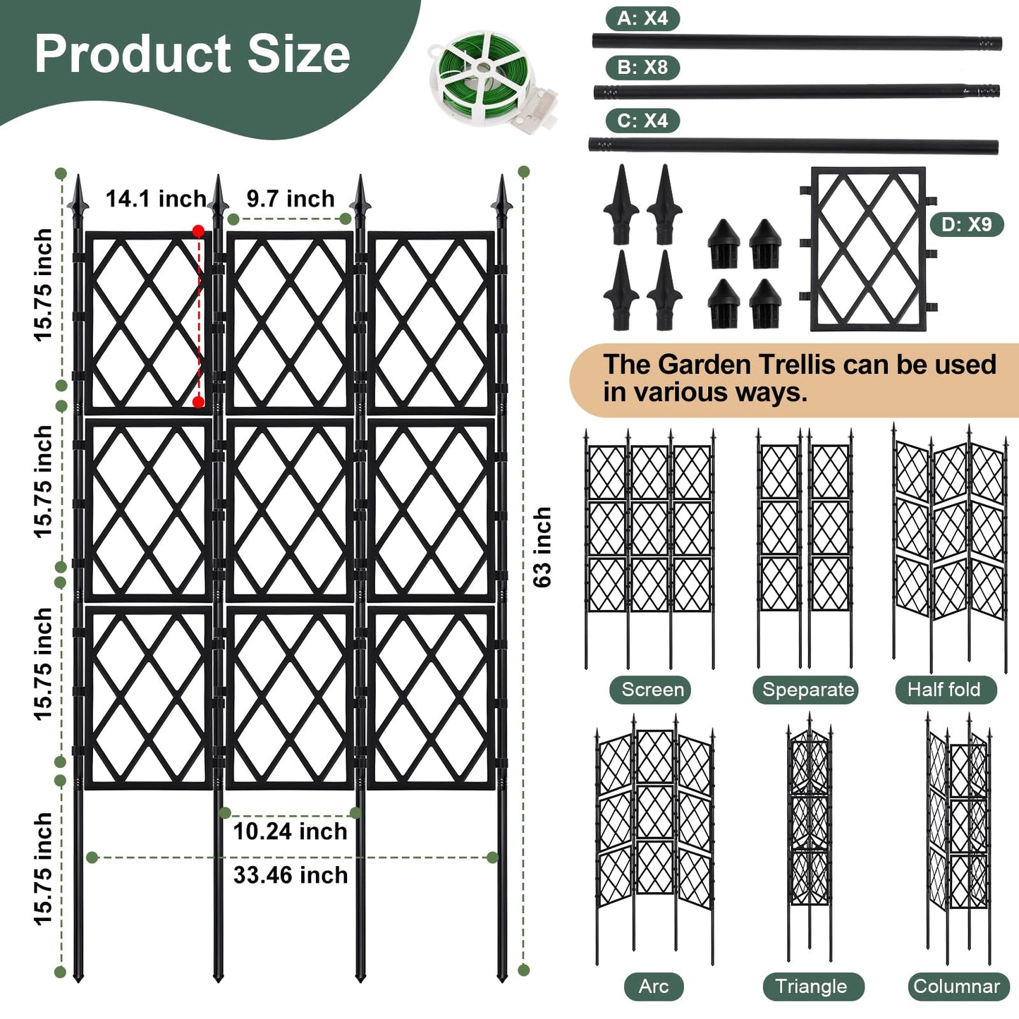 5.25FT Garden Trellis Support Fence,Metal Wall Lattice Climbing Frame for Climbing Plants Outdoor, Black Iron Pipe Fence for Potted Plants Indoor for Ivy Vines Vegetable Flower, Patio, Lawn, Yard