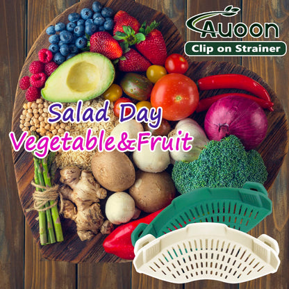 AUOON Clip On Strainer Silicone for All Pots and Pans, Pasta Strainer Clip on Food Strainer for Meat Vegetables Fruit Silicone Kitchen Colander