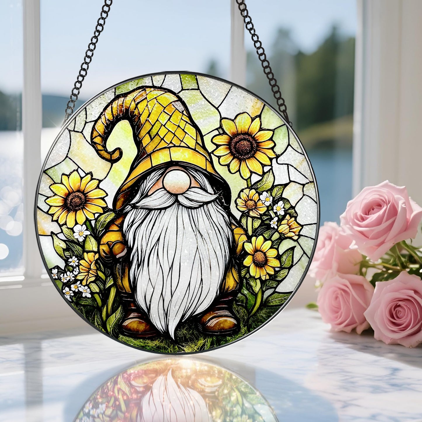 DOUHASU 8″ Stained Glass Window Hanging Ornament, Sunflower Gnome Stained Glass Suncatcher Ornament, Sun-Catcher Window Decor | Christmas & Birthday Gifts, Festival Gifts | Gift for Her