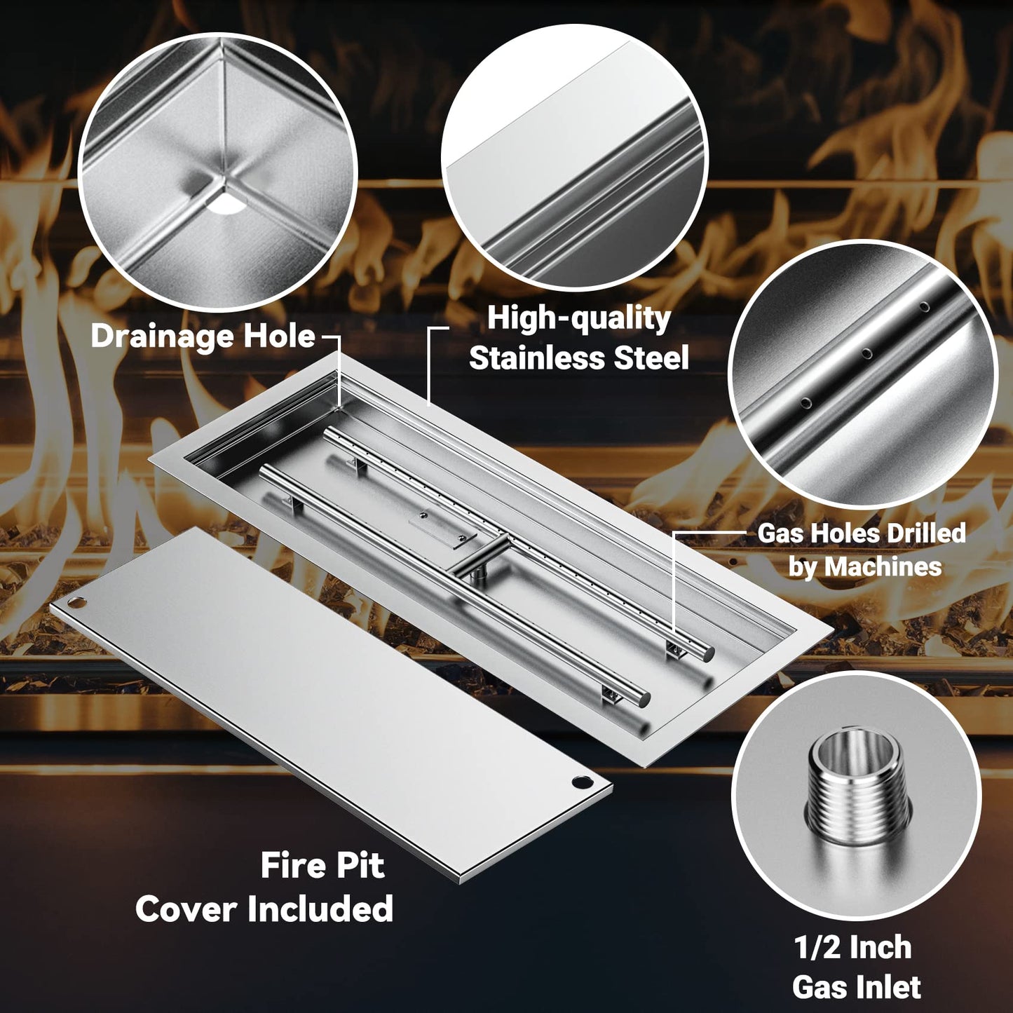 Skyflame Rectangular Stainless Steel Drop-in Fire Pit Pan and Burner with Burner Cover, 24 by 8 Inch Burning Area