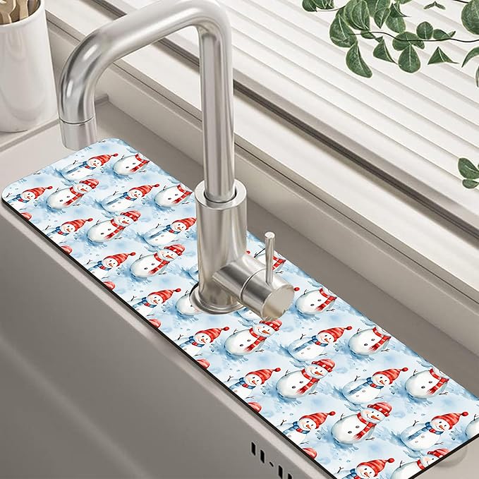 Christmas Snowman with Hat Kitchen Sink Splash Guard Mat Absorbent Fast Drying