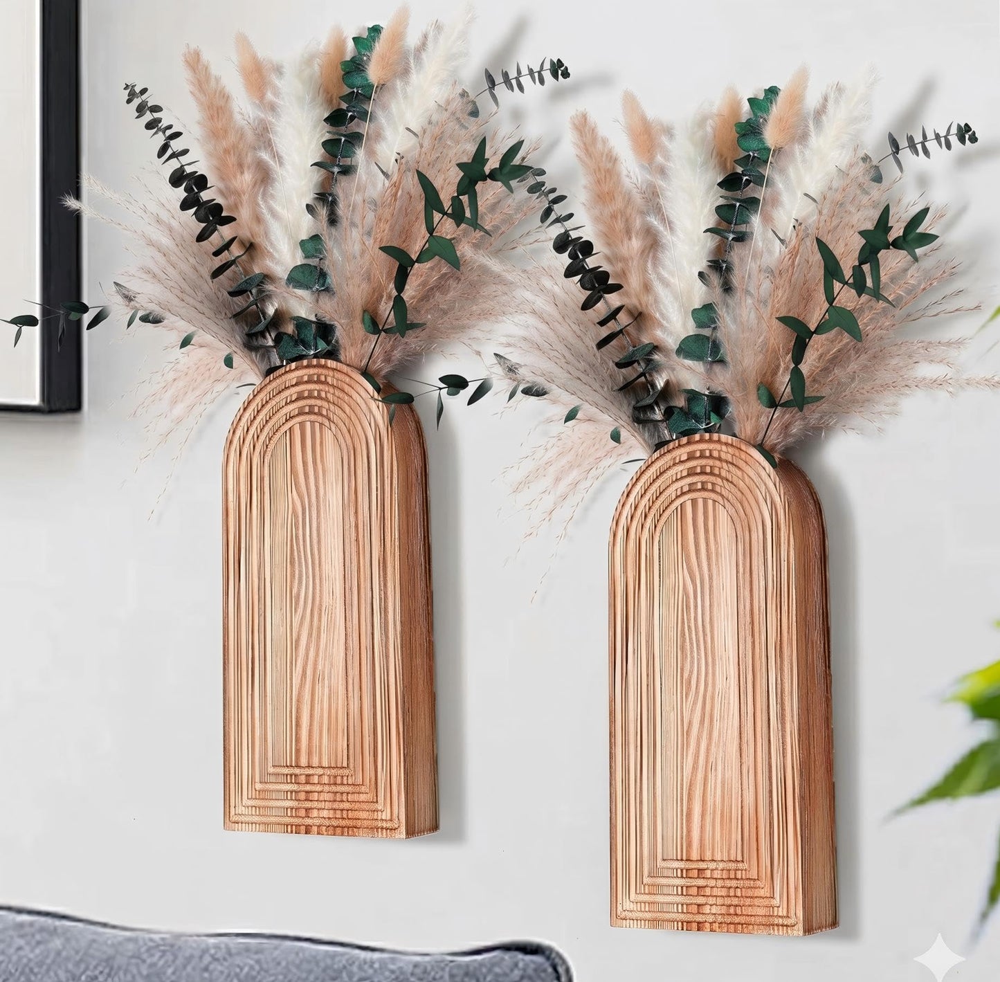 Set of 2 Wooden Vases with Pampas Grass and Eucalyptus – Boho Decor for Living Room, Modern Farmhouse Entryway or Bathroom, Rustic Art for Home Decoration