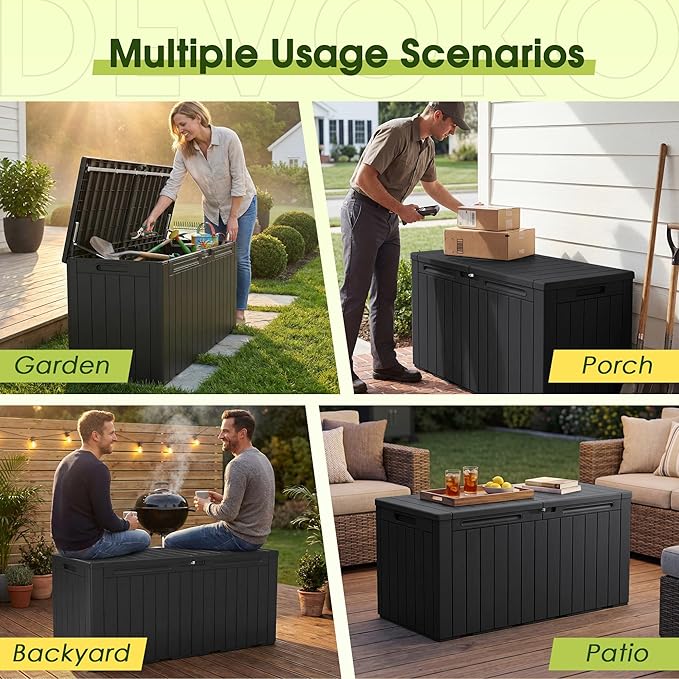 Devoko 100 Gallon Outdoor Storage Box, Waterproof Resin Deck Box for Patio Furniture, Lockable Container for Garden Cushions & Pool Supplies (Black, 100 Gallon)